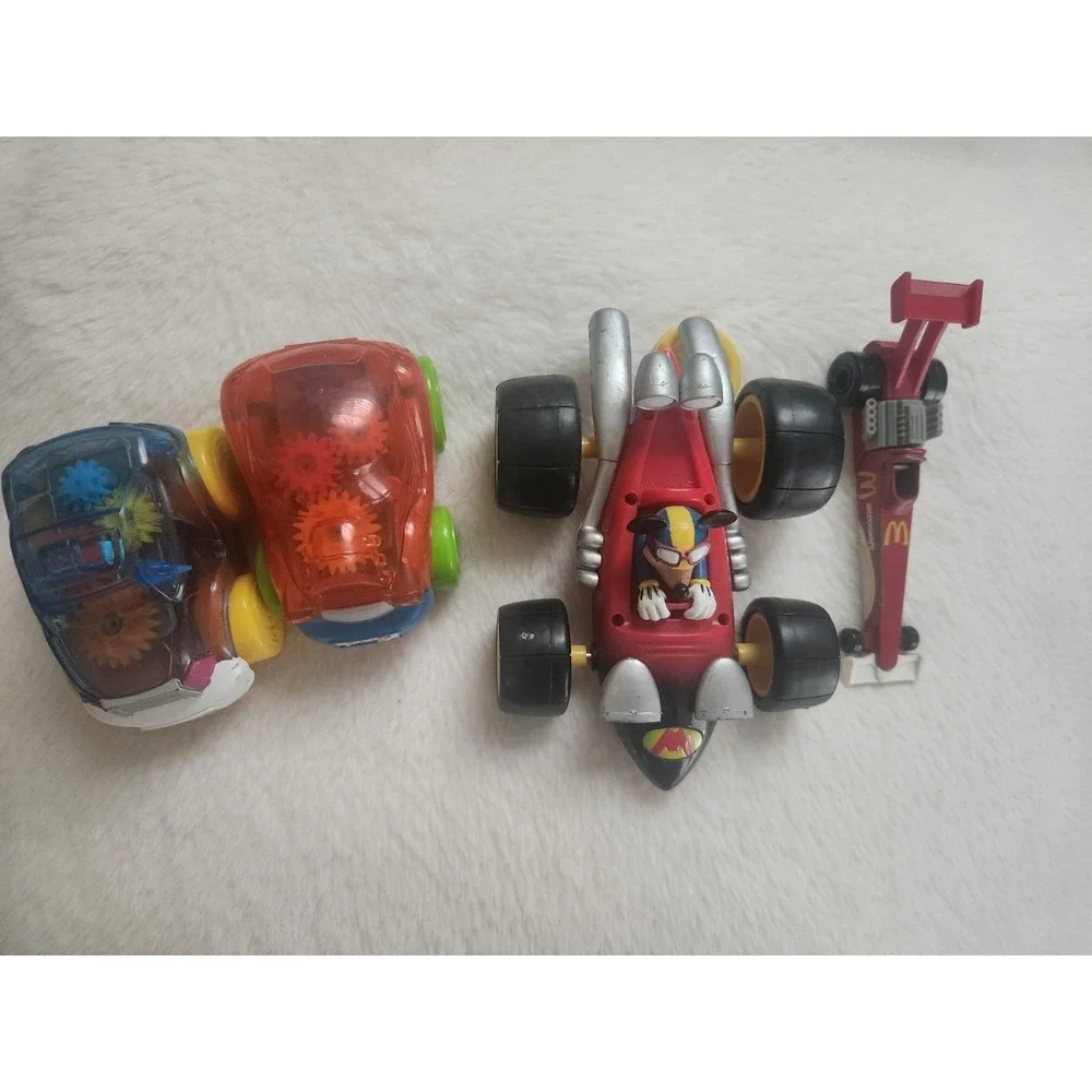 Lot of 4 Vintage toy cars. Pull string Mickey Kart, McDonalds 1993, clear gear
